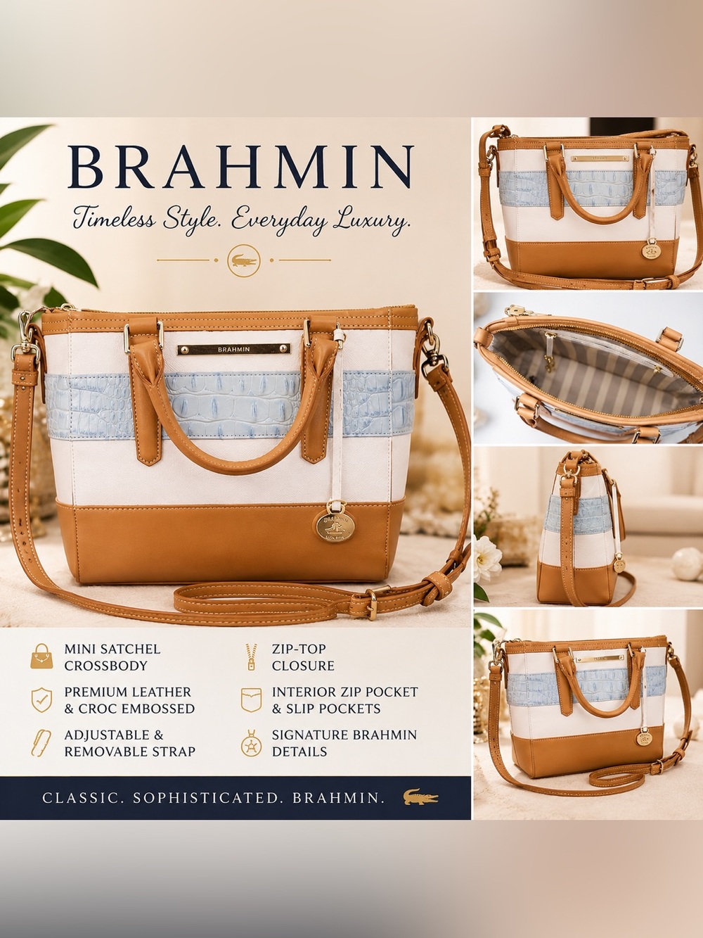 Brahmin Mini Colorblock Satchel Crossbody White Tan Blue Croc Embossed Leather